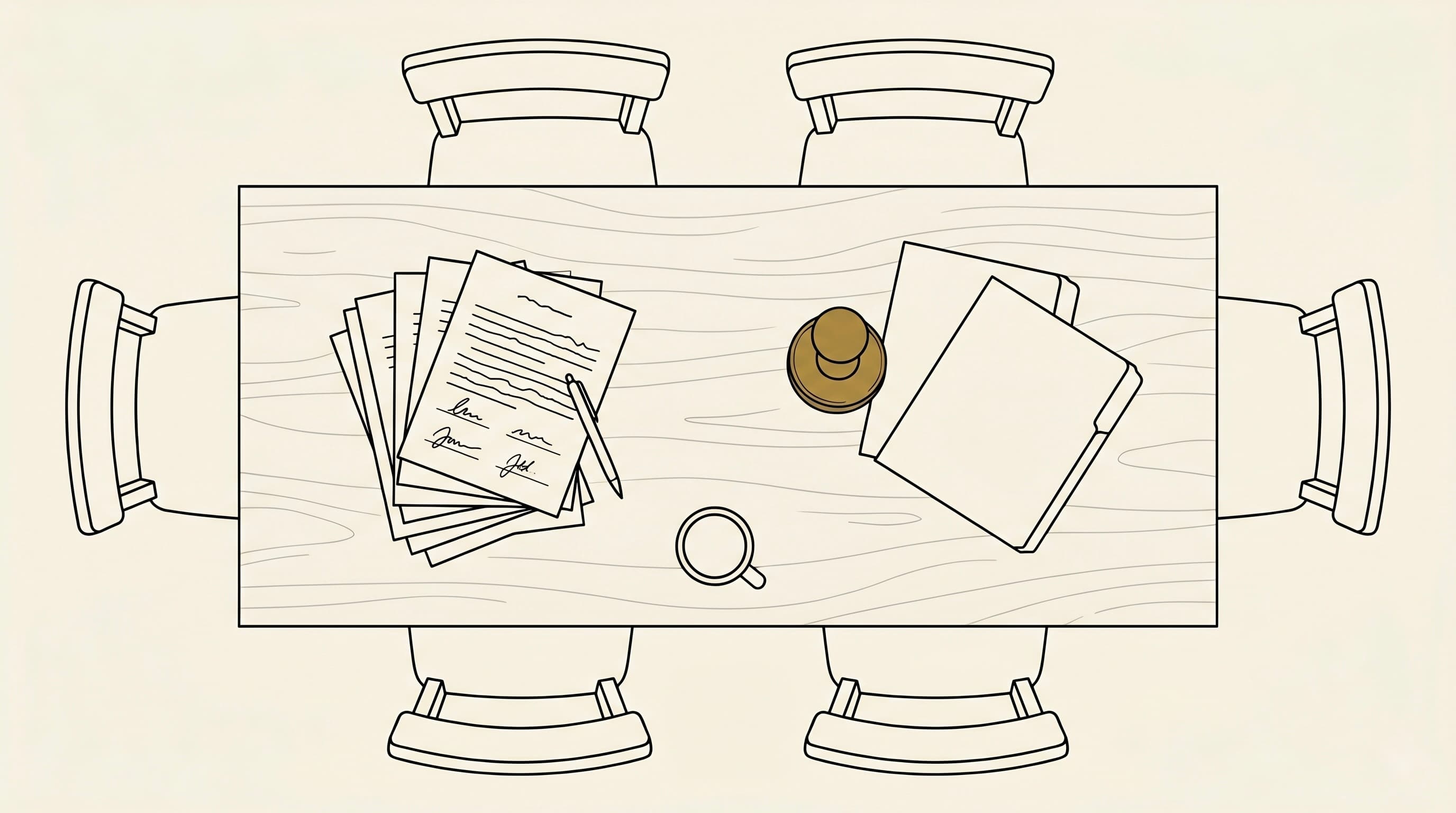 Top-down view of a wooden real estate closing table with four empty chairs around it. On the table: a stack of signed legal documents with handwritten signature glyphs on the left, a pen lying across them, a brass notary stamp at center-right, two manila folders fanned out to the right, and a coffee cup near the front edge. No people are present.