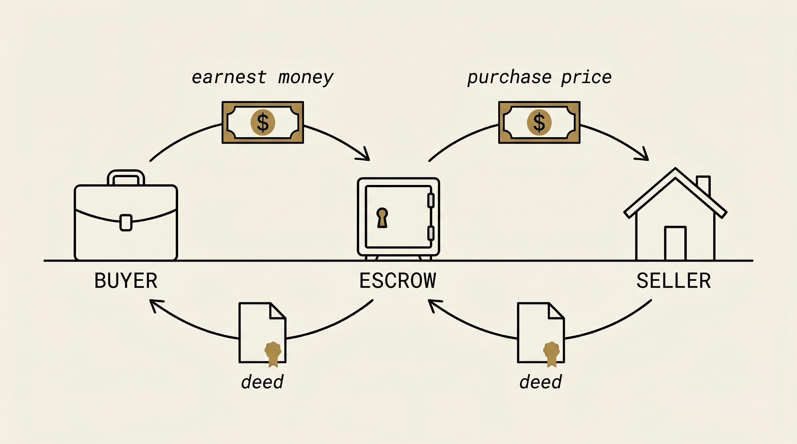 Three-party escrow flow diagram. BUYER (drawn as a briefcase) on the left, ESCROW (drawn as a safe with a keyhole) in the center, SELLER (drawn as a house silhouette) on the right. Top arrows show money flowing left to right: earnest money from BUYER to ESCROW, then purchase price from ESCROW to SELLER. Bottom arrows show the deed flowing right to left, from SELLER through ESCROW to BUYER.