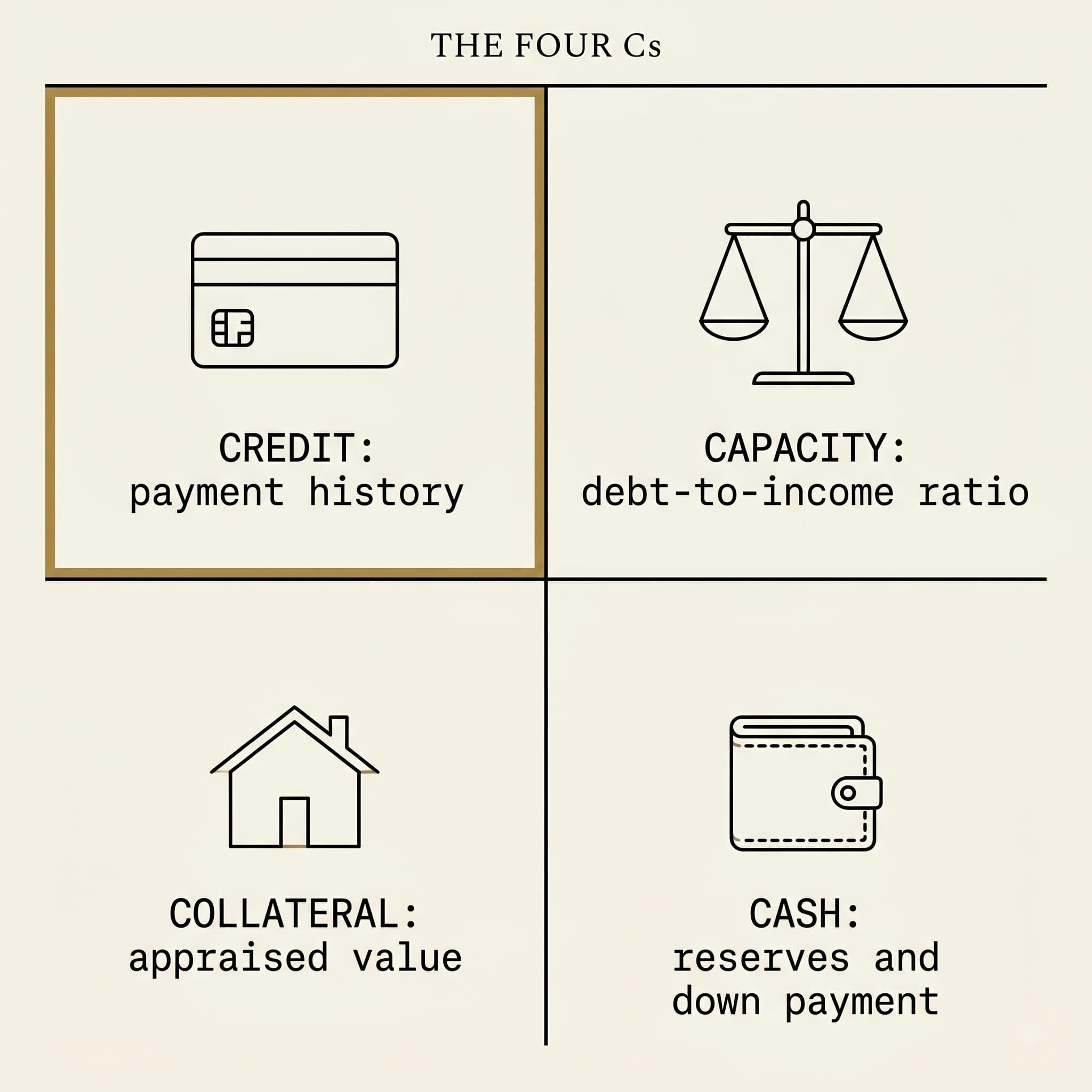 The four Cs of mortgage underwriting, arranged as a 2x2 quadrant grid. Top-left (with a thin brass border): CREDIT, payment history, illustrated with a generic credit card. Top-right: CAPACITY, debt-to-income ratio, illustrated with a balanced two-pan scale. Bottom-left: COLLATERAL, appraised value, illustrated with a small house silhouette. Bottom-right: CASH, reserves and down payment, illustrated with a folded leather wallet. Header "THE FOUR Cs" in serif small caps above the grid.