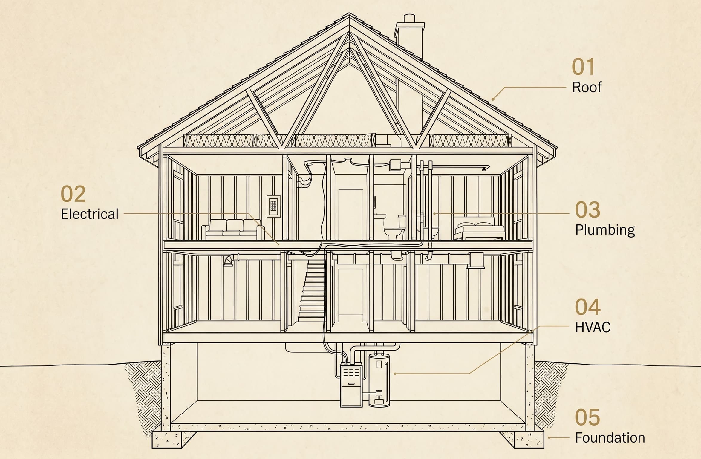 Cross-section diagram of a two-story American single-family home with five numbered annotations: 01 Roof (gabled with trusses and chimney), 02 Electrical (interior wall wiring), 03 Plumbing (bathroom risers), 04 HVAC (basement furnace and water heater), 05 Foundation (concrete footing below grade). The five annotations correspond to the five major systems a general home inspector evaluates.