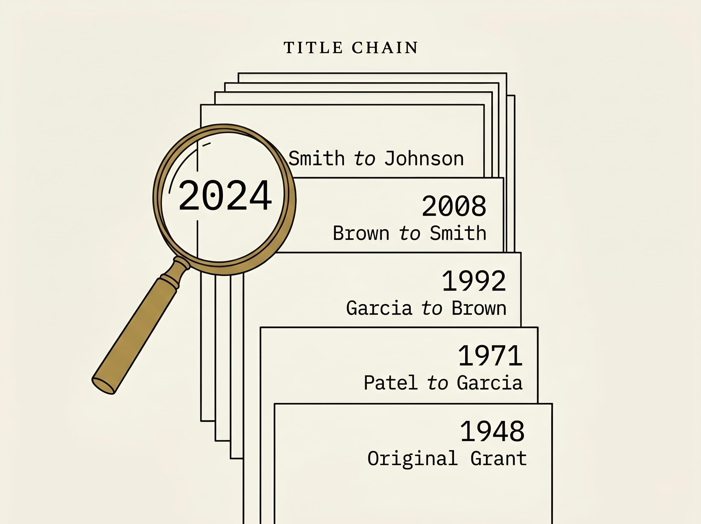 Title chain illustration showing five property deeds fanned vertically, each labeled with a year and owner-transfer: 2024 Smith to Johnson (top, most recent), 2008 Brown to Smith, 1992 Garcia to Brown, 1971 Patel to Garcia, 1948 Original Grant (bottom, oldest). A brass-rimmed magnifying glass on the left examines the topmost record, with "2024" enlarged through the lens. Header "TITLE CHAIN" in serif small caps above the stack.